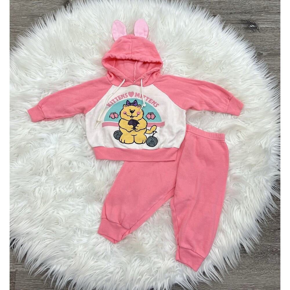 Vintage Girls Jog Togs Pink Hooded Kittens Mittens‎ Jogger Set Size 2T